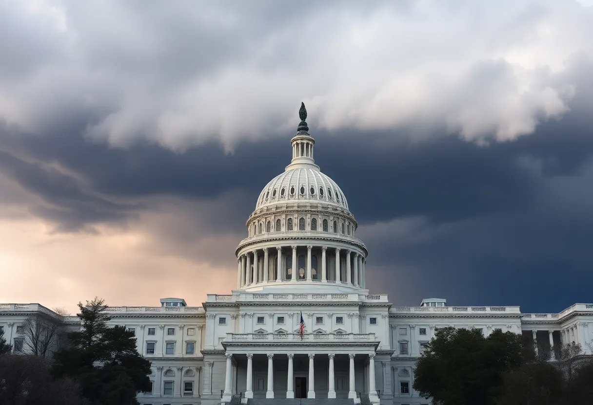 Illustration of the U.S. Capitol with storm clouds representing government shutdown risk