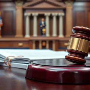 Courtroom with gavel and legal documents