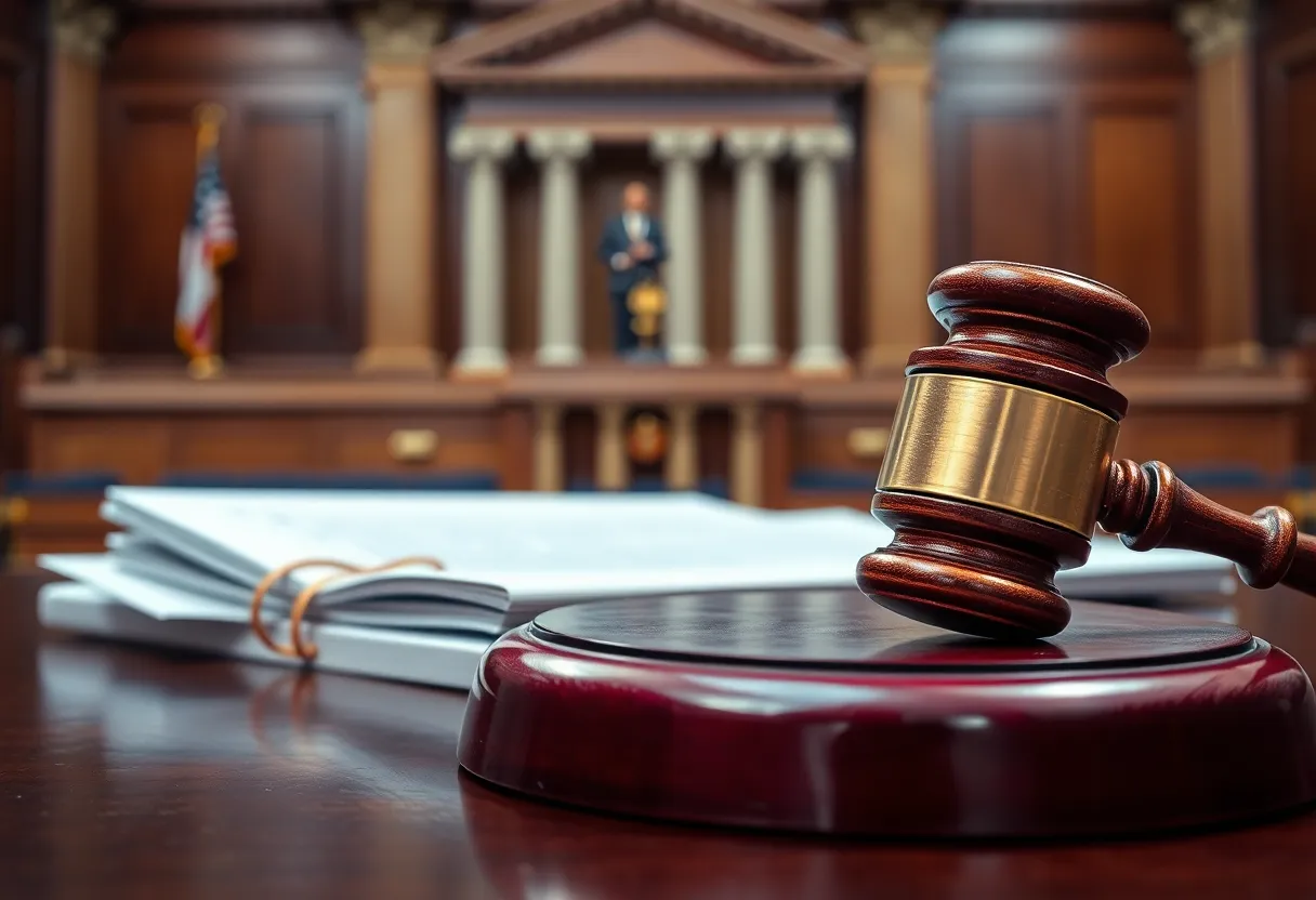 Courtroom with gavel and legal documents