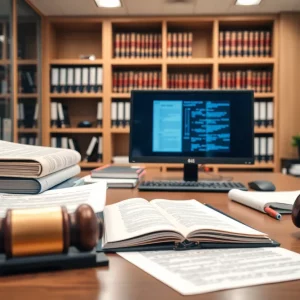 Interior of a law office with legal documents and books