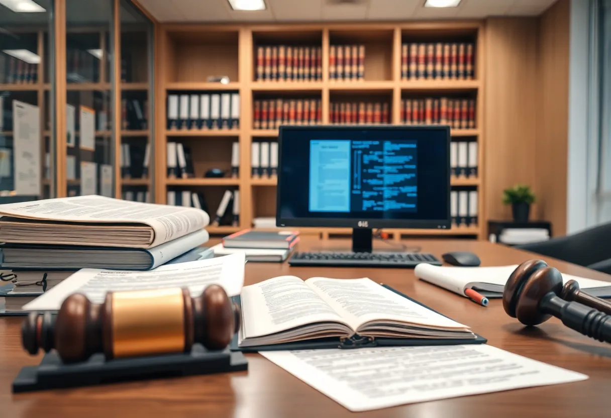 Interior of a law office with legal documents and books