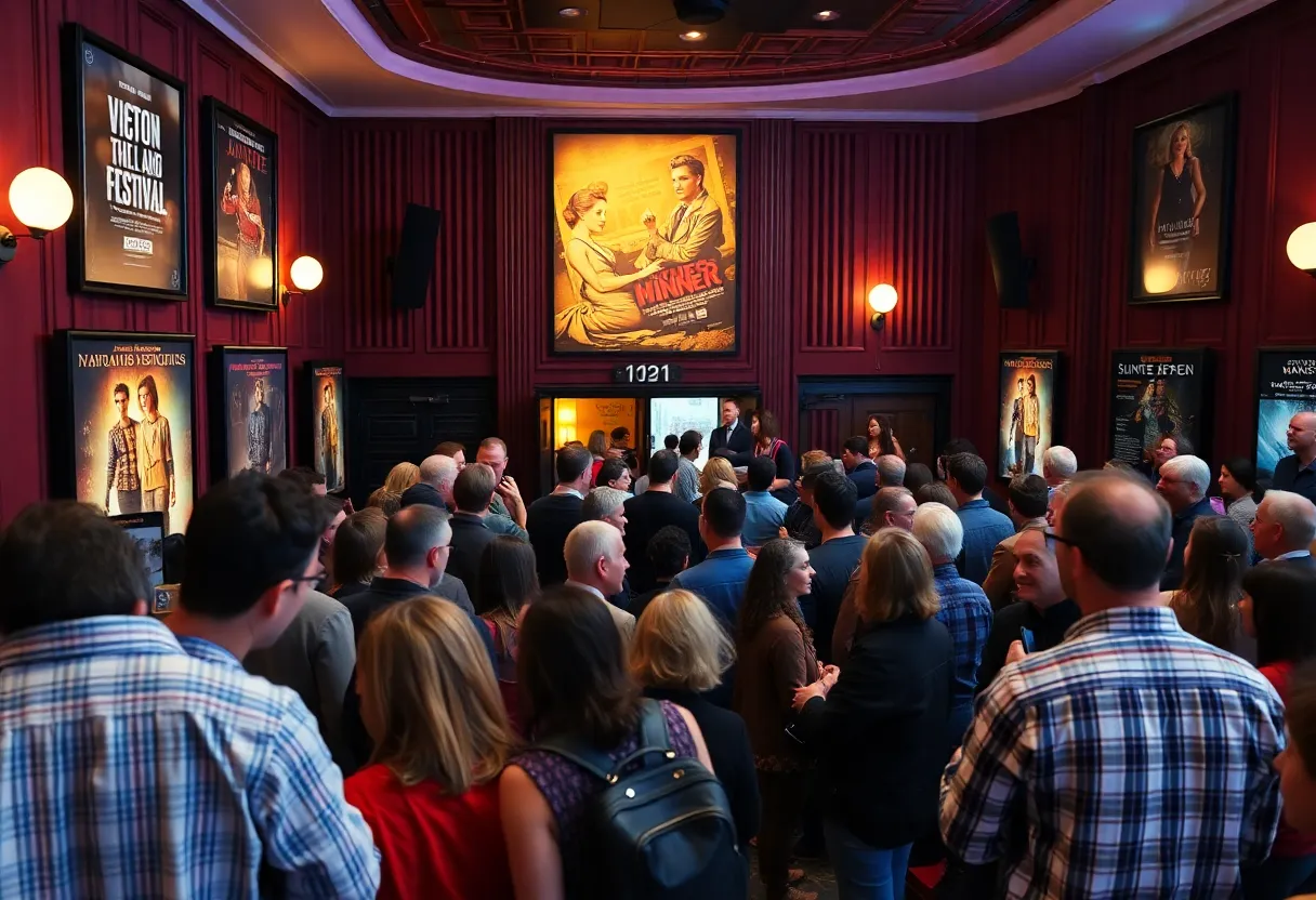 A lively film festival scene with an audience participating in discussions and film screenings.
