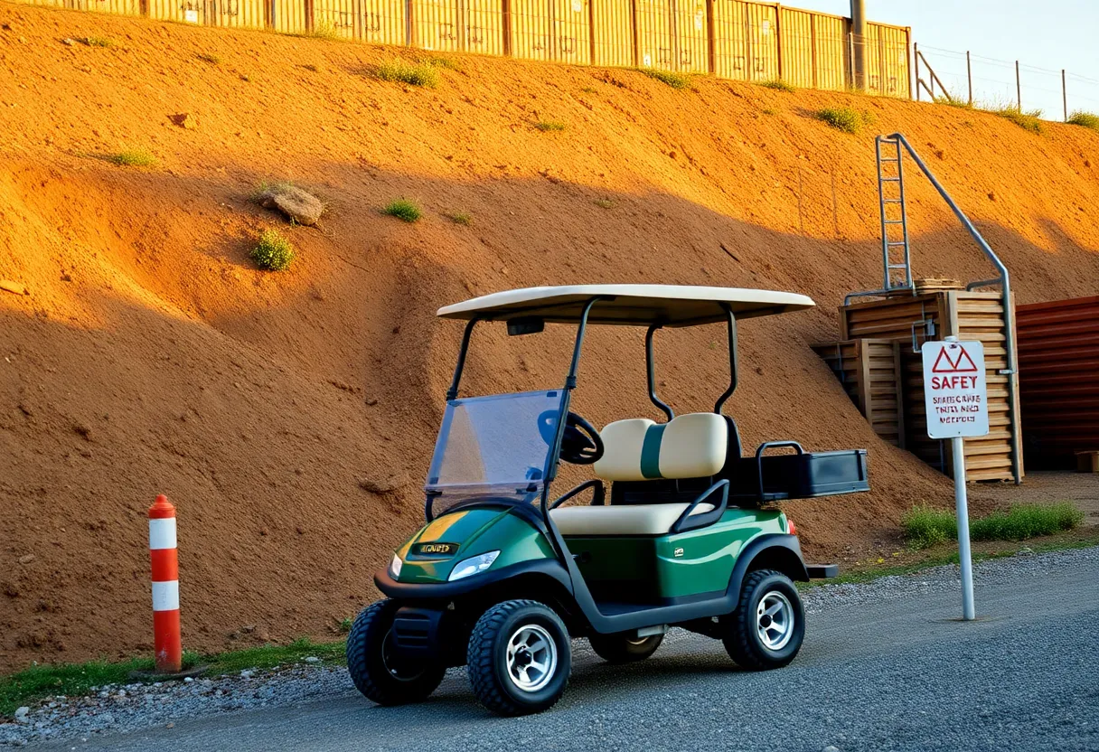 Golf cart near an embankment illustrating safety precautions