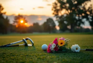 A serene golf course with flowers for remembrance
