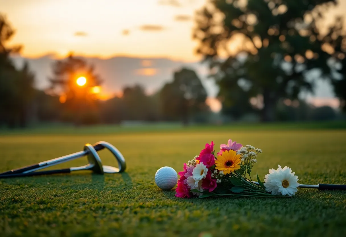 A serene golf course with flowers for remembrance