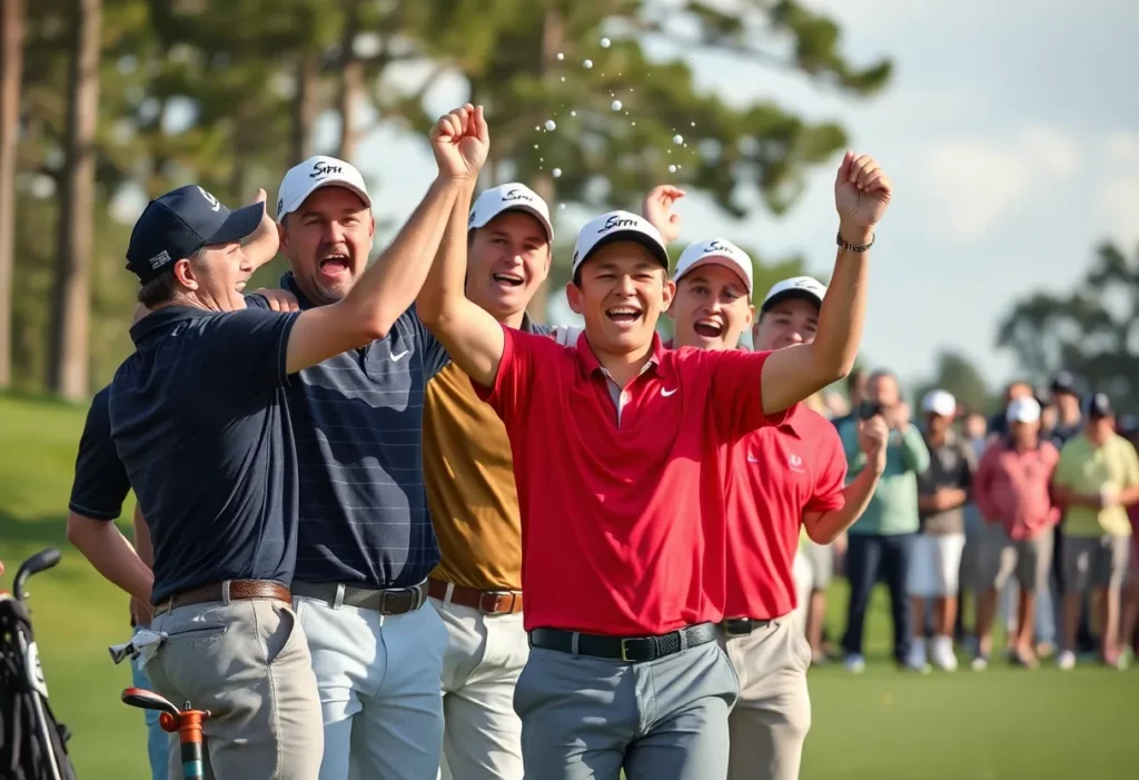 Golf scene depicting players celebrating on the course with golf equipment.