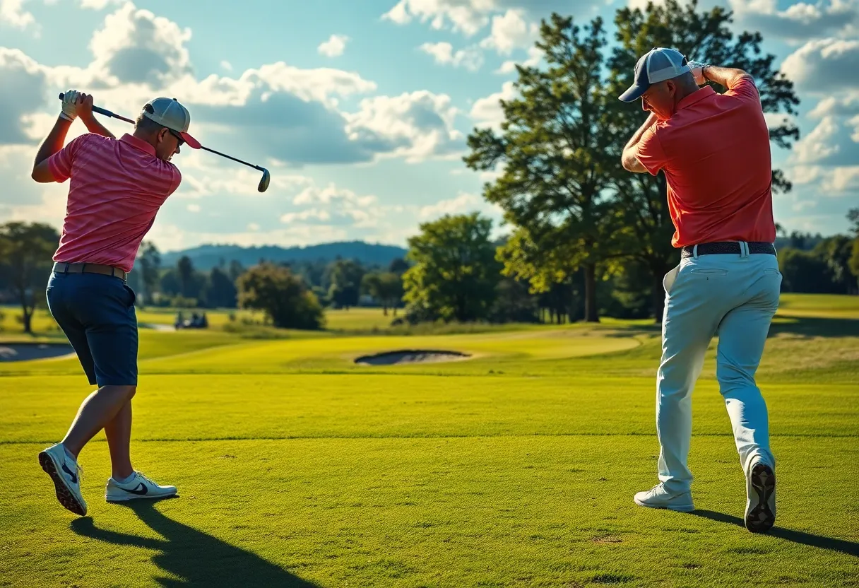 A golfer making a powerful swing on a green golf course.