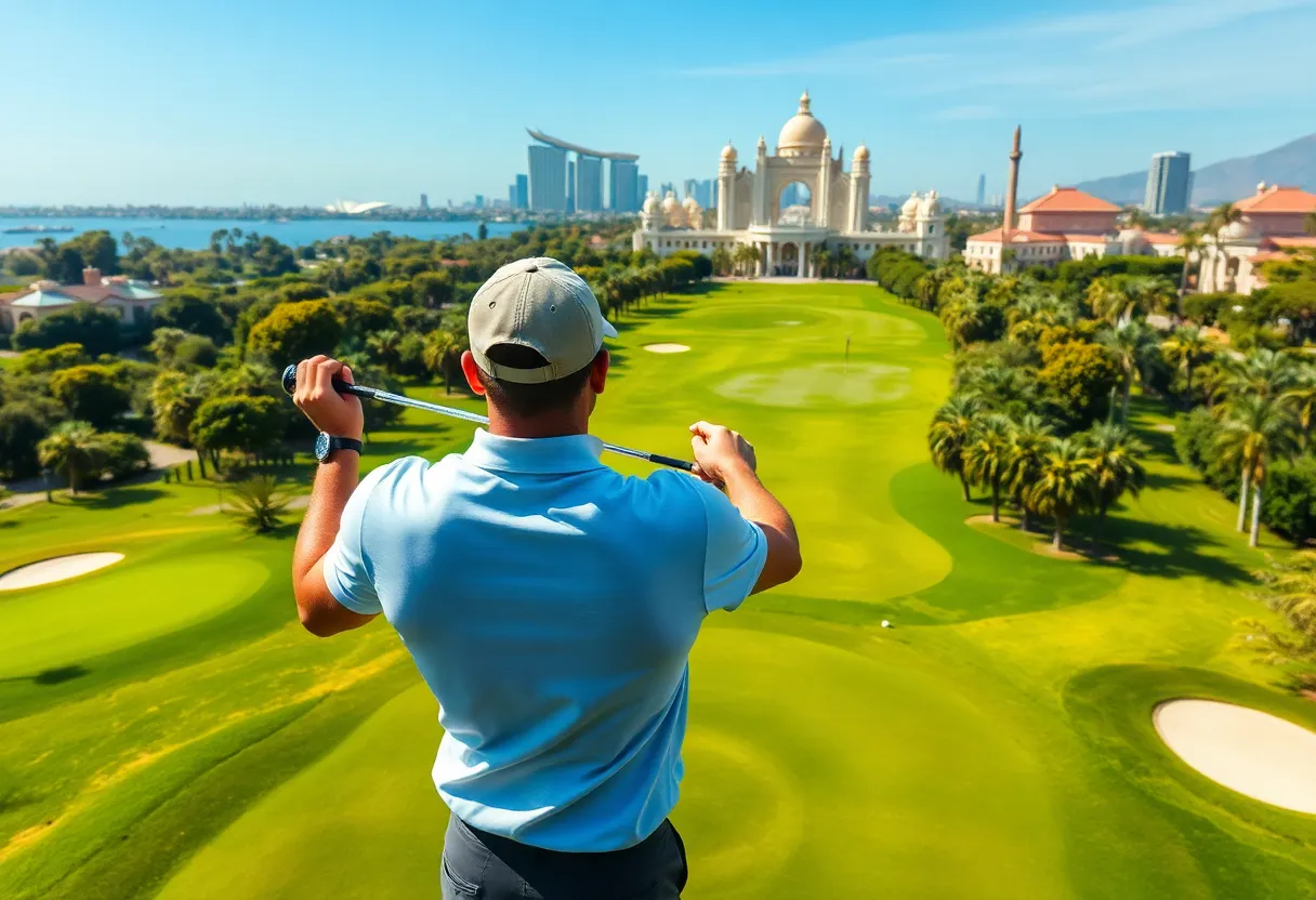 A beautiful golf course with scenic views and a well-maintained landscape.