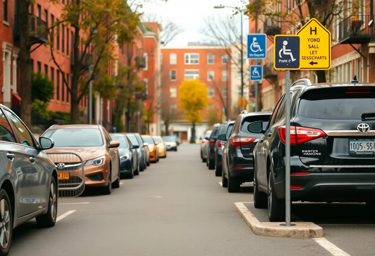 Street view of handicap parking signs in a Boston neighborhood.