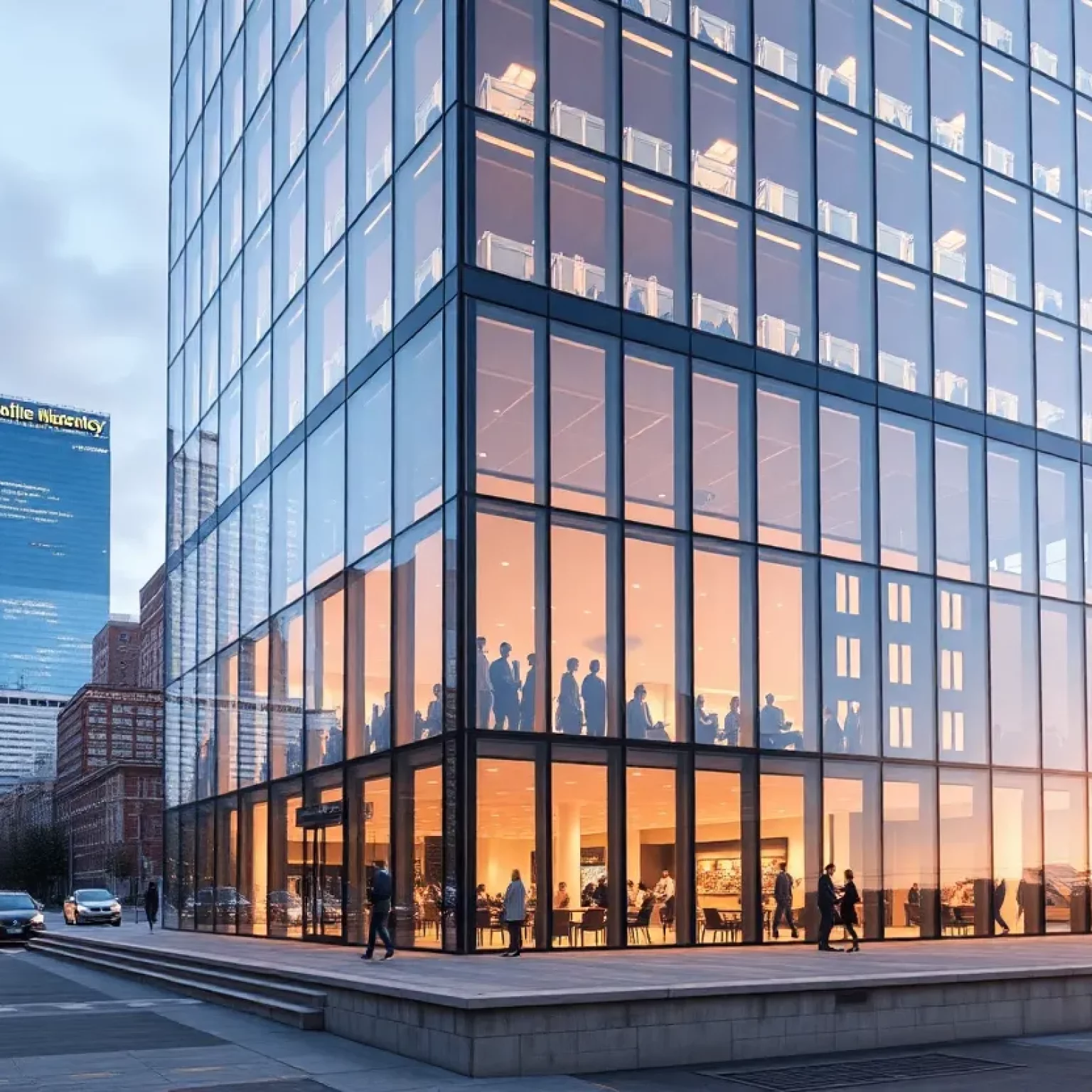 New Hasbro headquarters building in Boston with a bustling surrounding