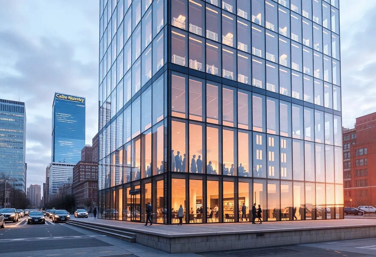 New Hasbro headquarters building in Boston with a bustling surrounding