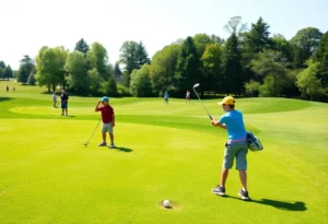 Young golfers practicing on a golf course in Eastern Massachusetts.