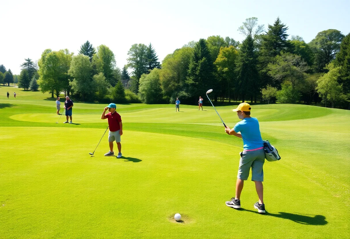 Young golfers practicing on a golf course in Eastern Massachusetts.