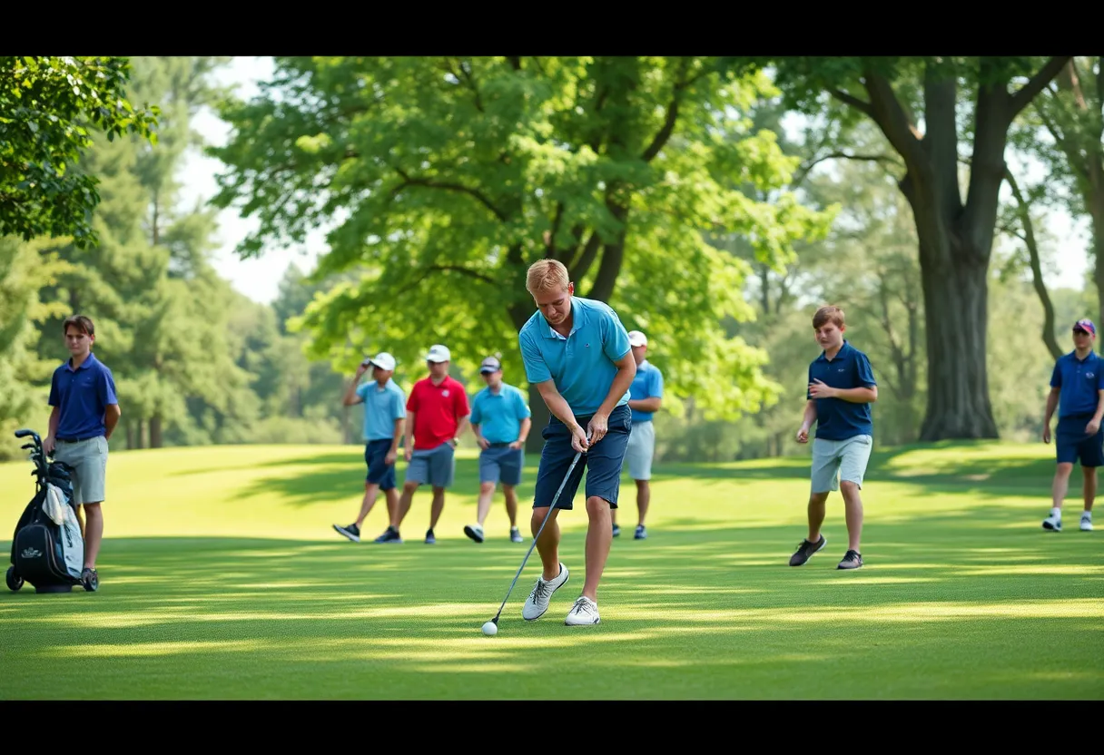High school golfers playing on a green course