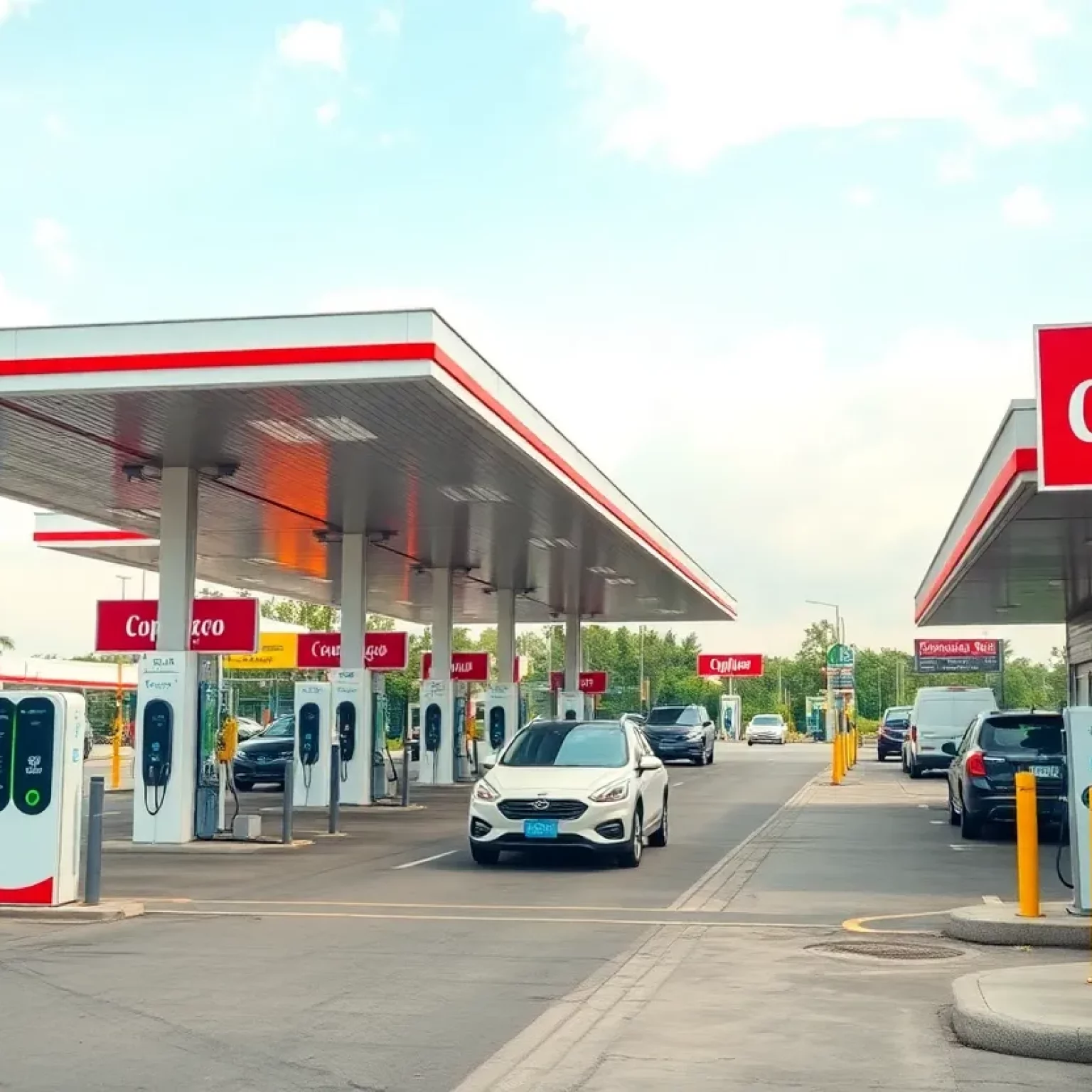 Modern highway service plaza featuring electric vehicle charging stations