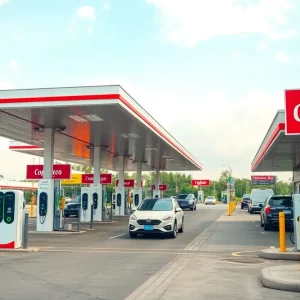 Modern highway service plaza featuring electric vehicle charging stations