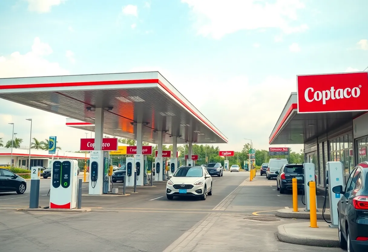 Modern highway service plaza featuring electric vehicle charging stations