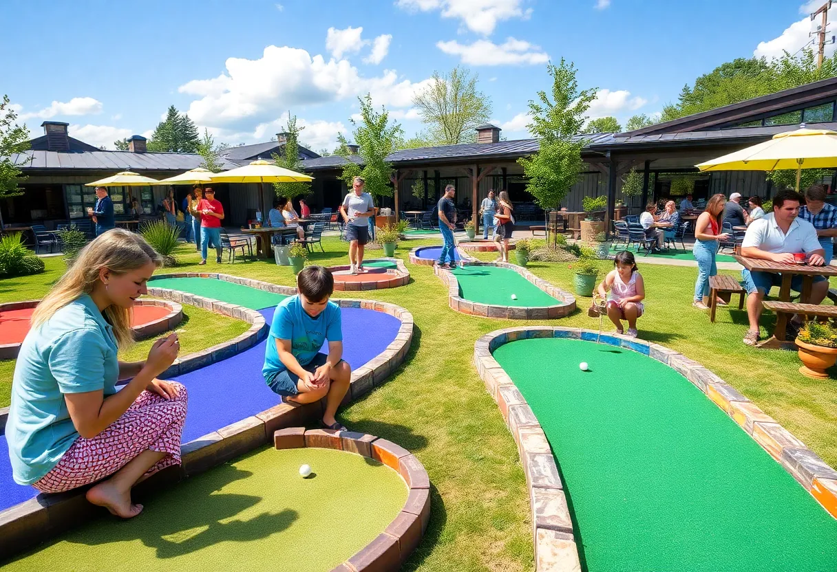 Families enjoying mini golf and craft ice cream at Hill City in Fitchburg