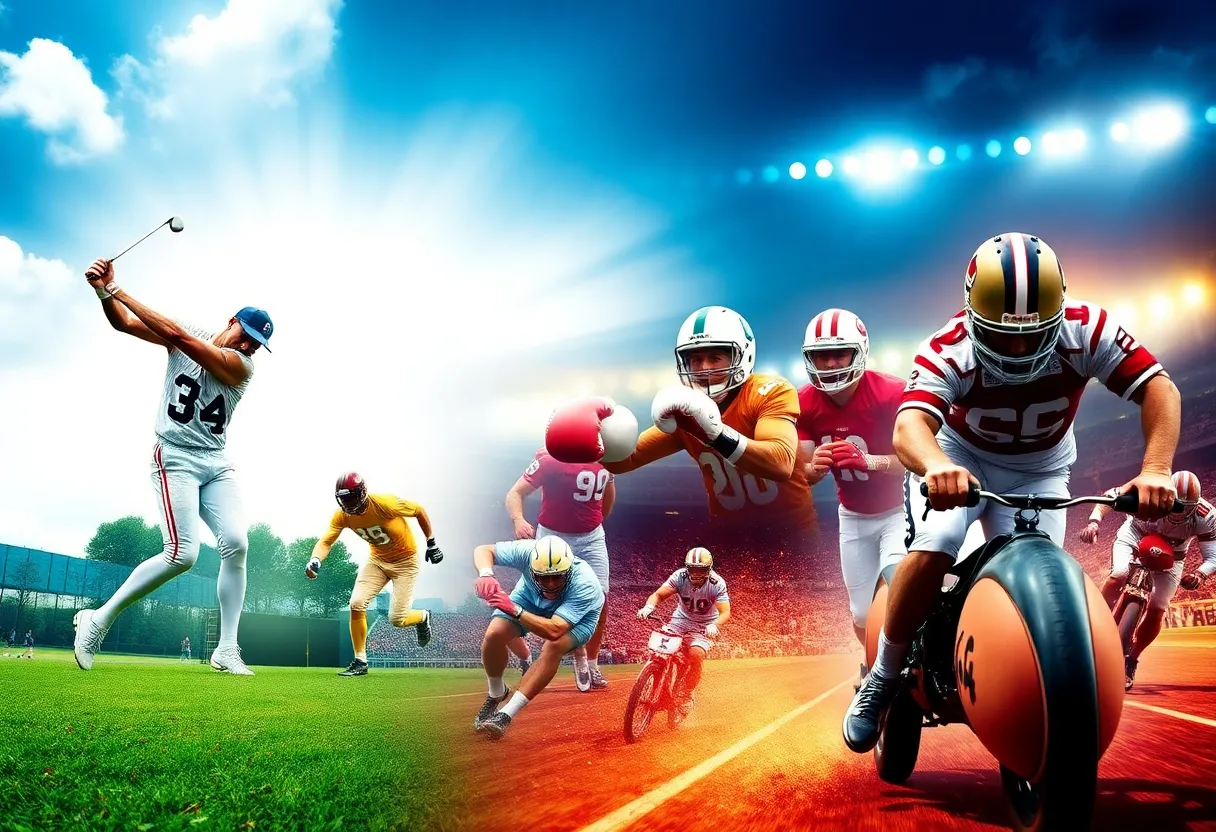 Collage of significant historic sports moments from golf, boxing, football, and racing.