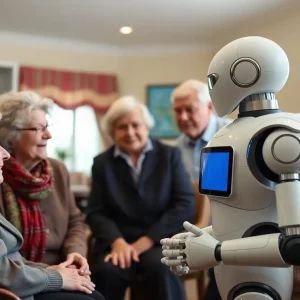 Humanoid robot providing companionship to elderly residents