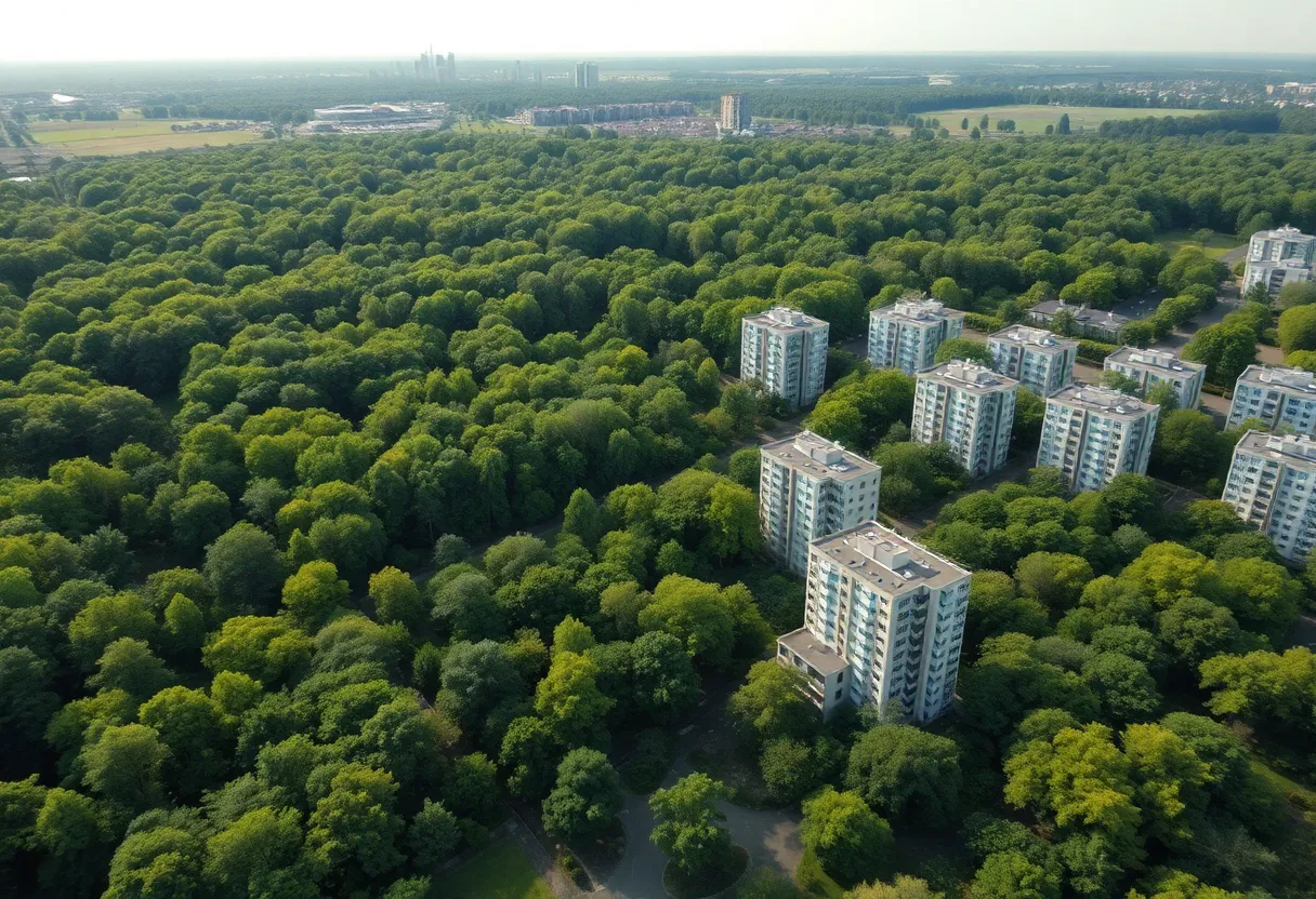 Rendering of the proposed 204-unit housing development in a wooded area of Hyde Park, Boston