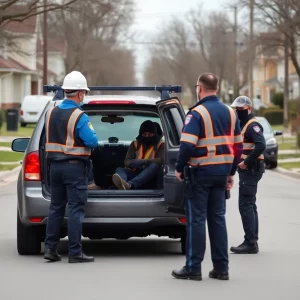 Construction worker's vehicle stopped by immigration officials on a road.