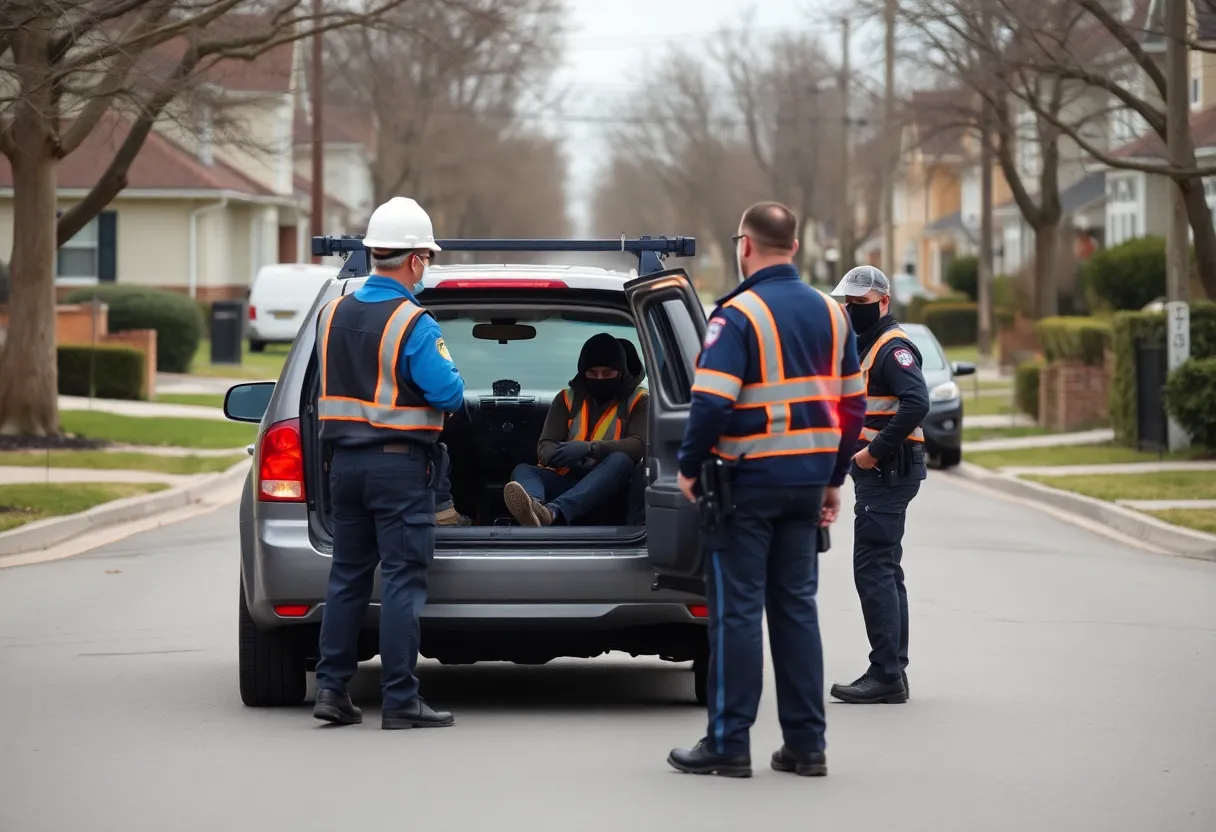 Construction worker's vehicle stopped by immigration officials on a road.