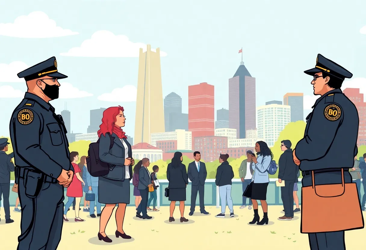 Illustration of Boston city with ICE operations and community engagement