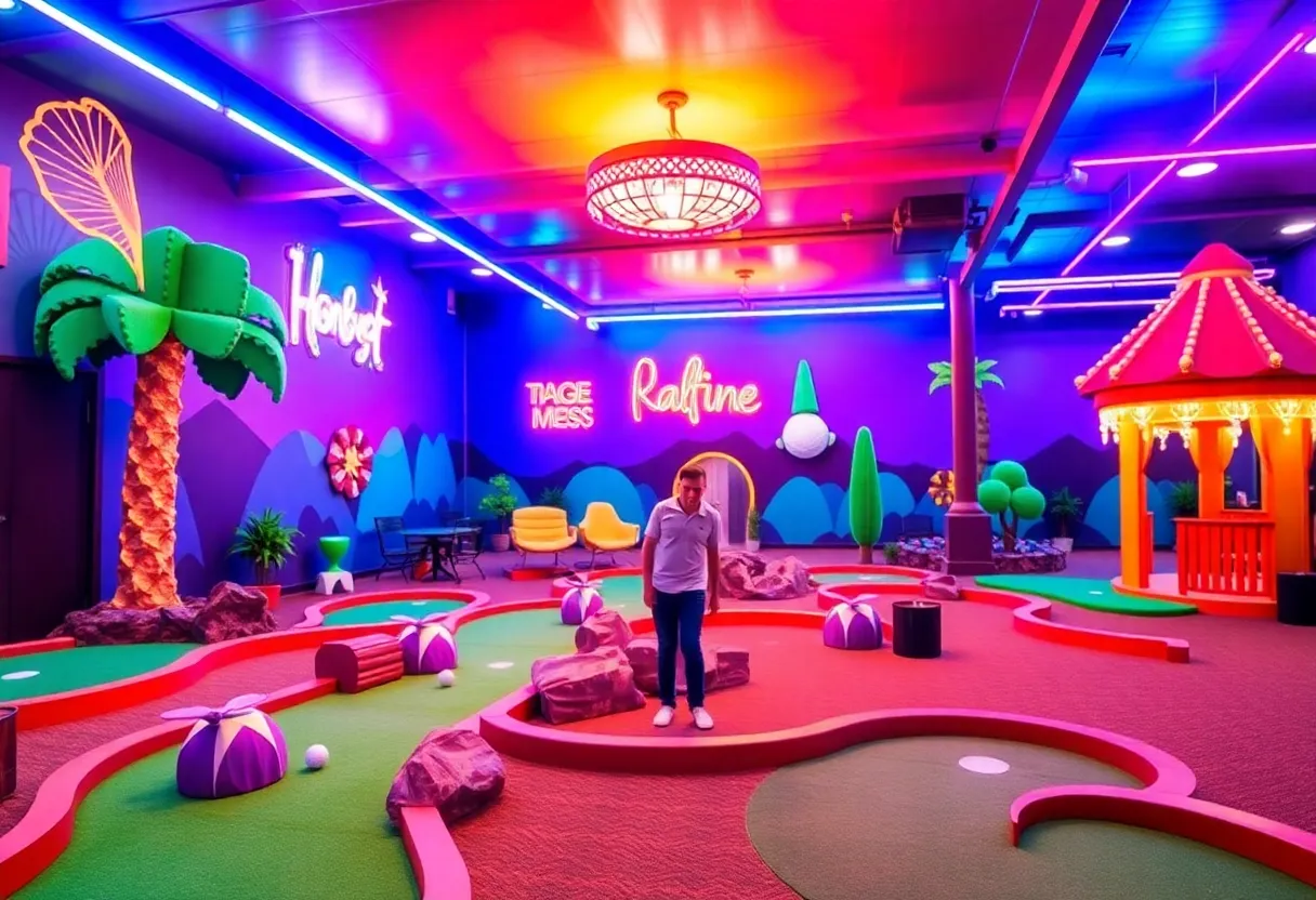 Neon-themed indoor mini golf course at Natick Mall