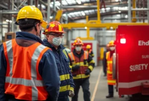 Emergency responders at an industrial accident site in Avon, Massachusetts.