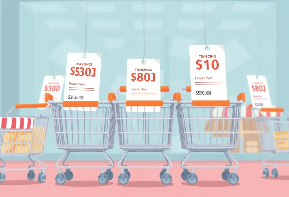 Illustration of transparent pricing and shopping carts symbolizing junk fee regulations.