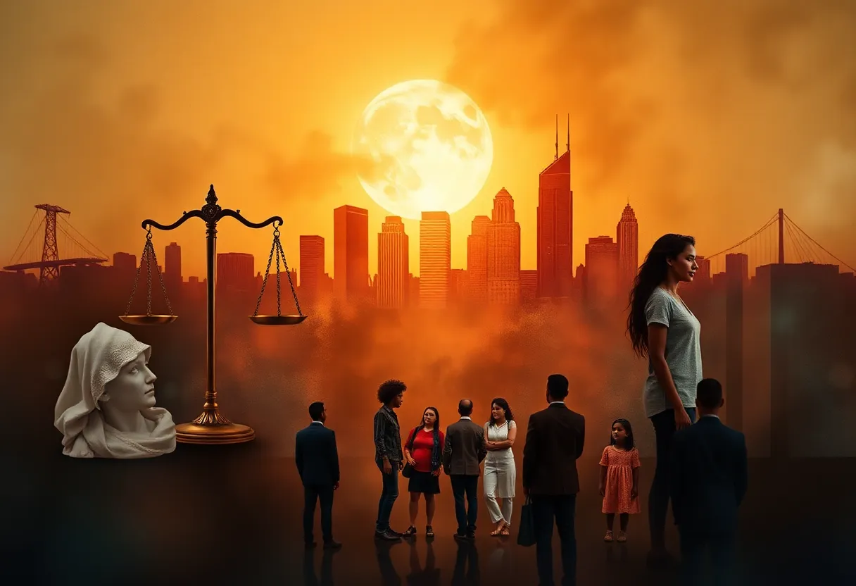 An abstract representation of justice and community healing with symbolic elements.
