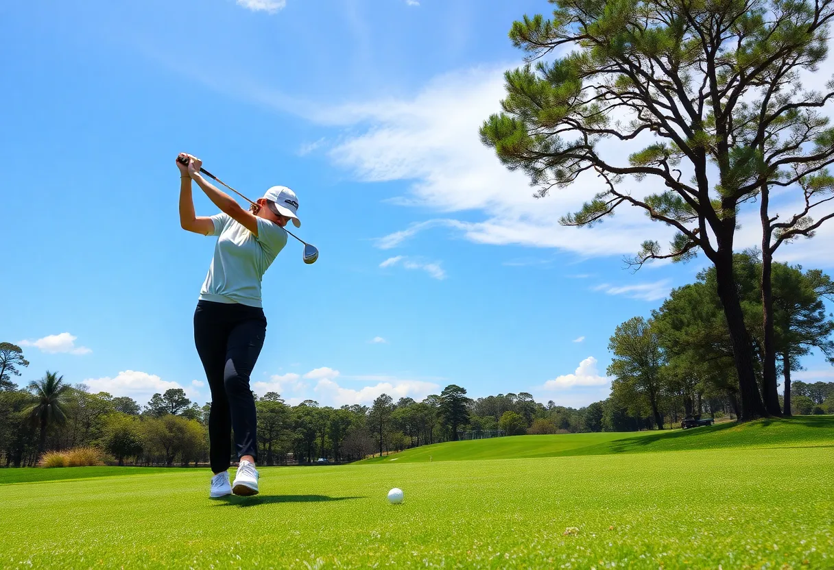 Female golfer swinging on the golf course during a championship event.