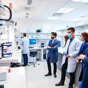 A modern laboratory filled with life sciences research equipment and scientists working together.