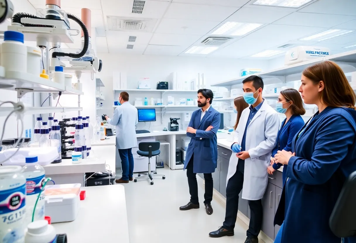 A modern laboratory filled with life sciences research equipment and scientists working together.