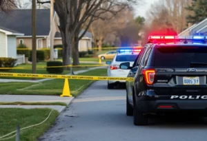 Police cars and evidence markers at a scene in Lunenburg, Massachusetts.