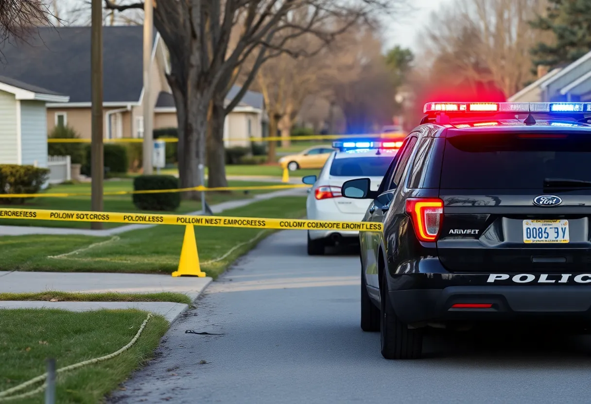 Police cars and evidence markers at a scene in Lunenburg, Massachusetts.