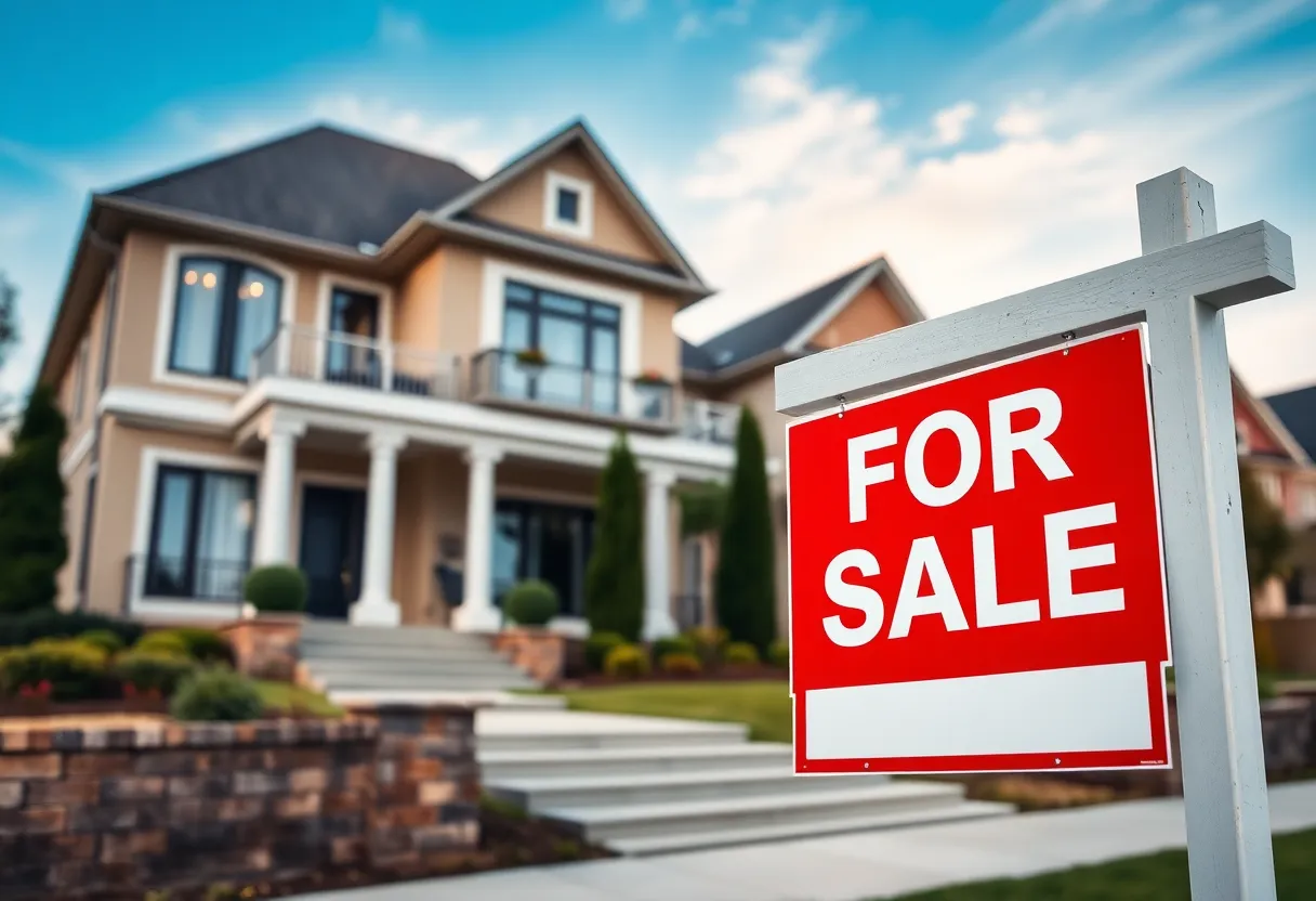 For Sale sign in front of a luxury home highlighting real estate market