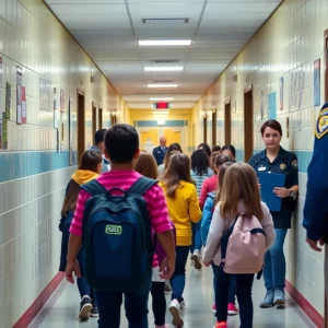Students and staff responding to a safety incident in a school hallway