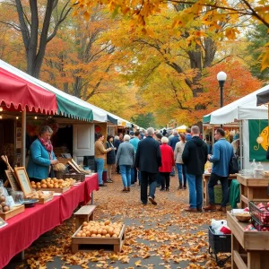 Community members enjoying a festival in Maine with colorful stalls.