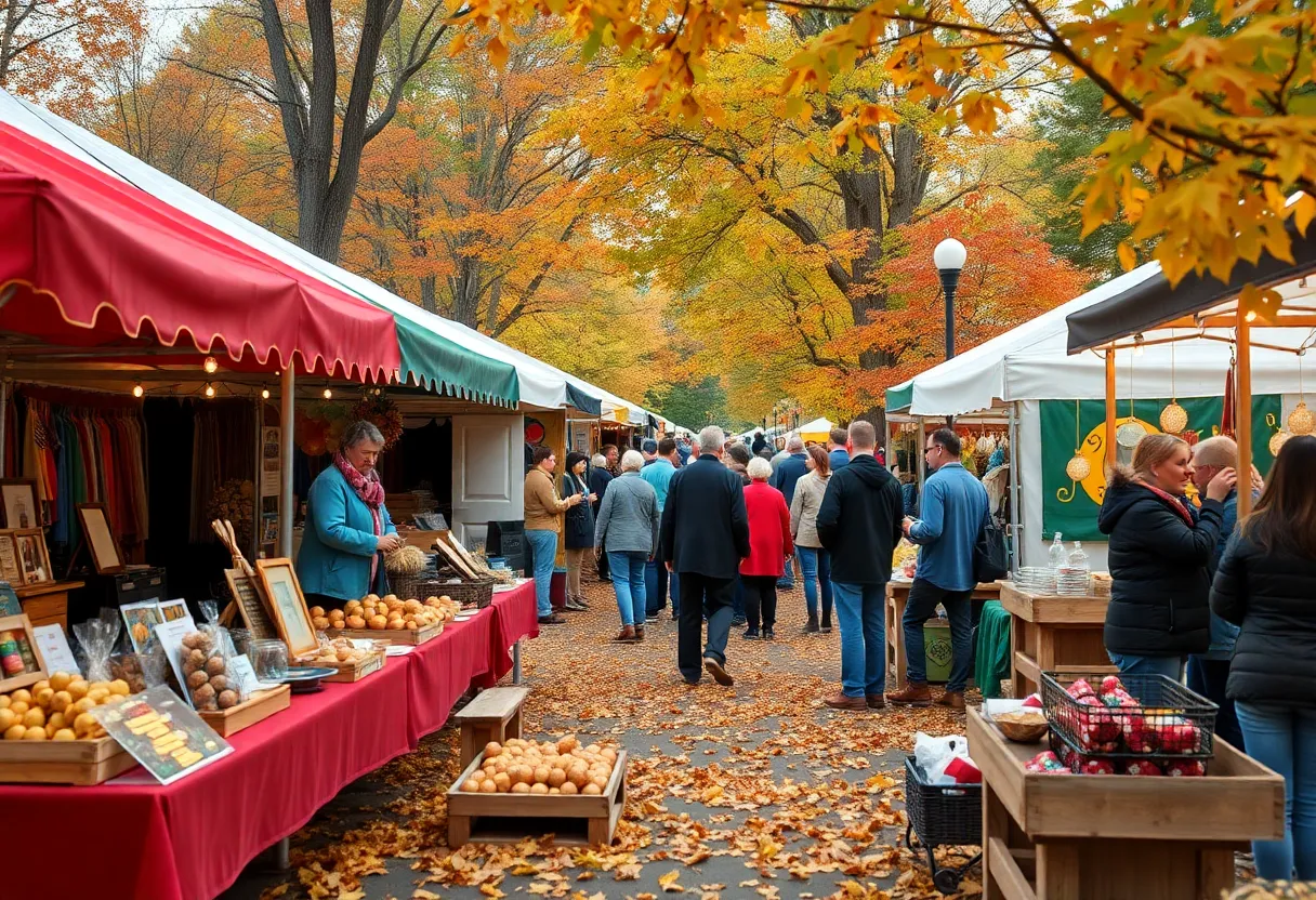 Community members enjoying a festival in Maine with colorful stalls.