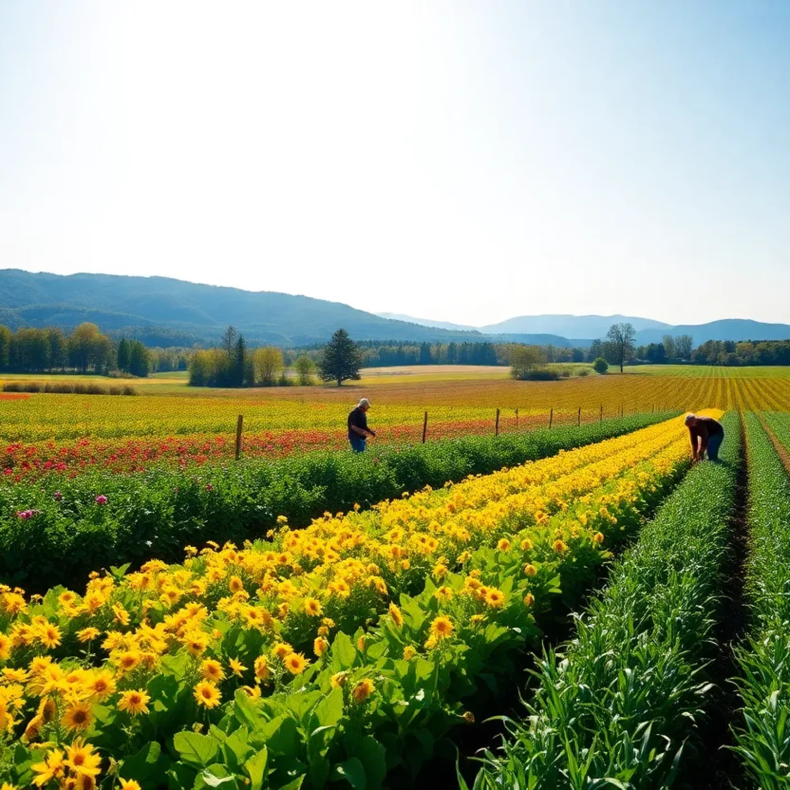 Diverse crops in a Massachusetts farmland under a bright sky.
