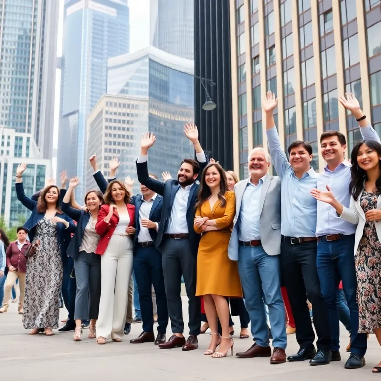 A diverse gathering of wealthy individuals celebrating financial success in a city setting.