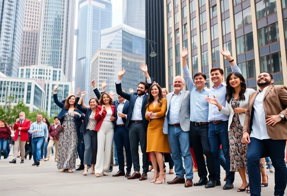 A diverse gathering of wealthy individuals celebrating financial success in a city setting.