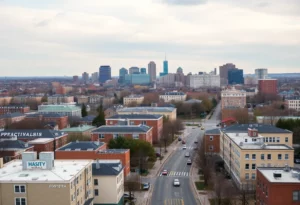Urban skyline of Massachusetts showing expensive housing and busy streets