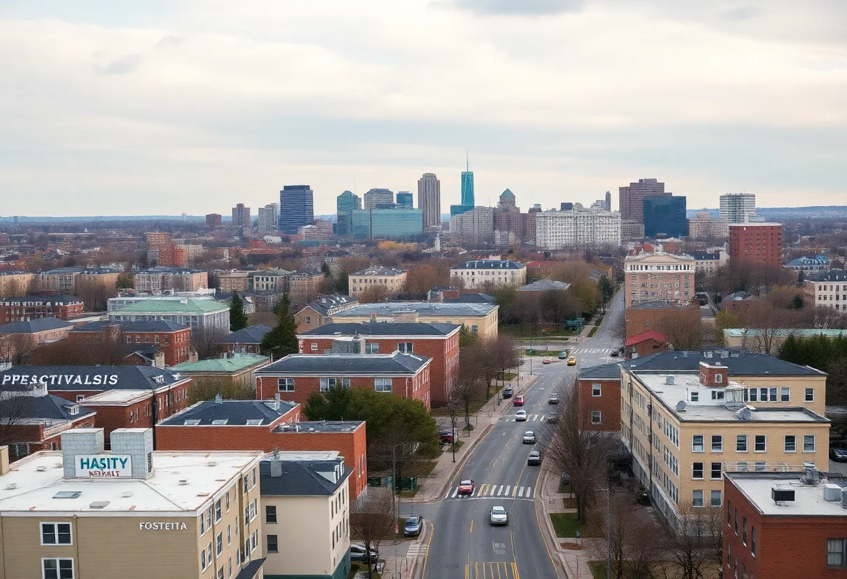 Urban skyline of Massachusetts showing expensive housing and busy streets