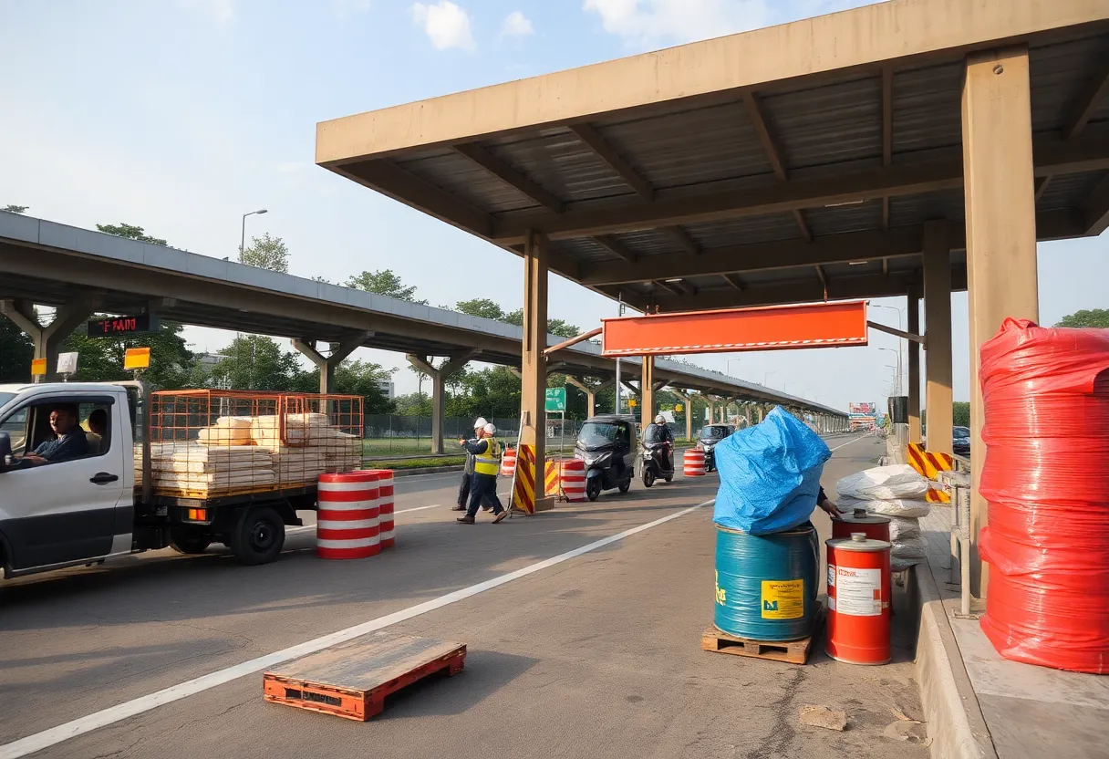 Construction work at a highway rest stop in Massachusetts