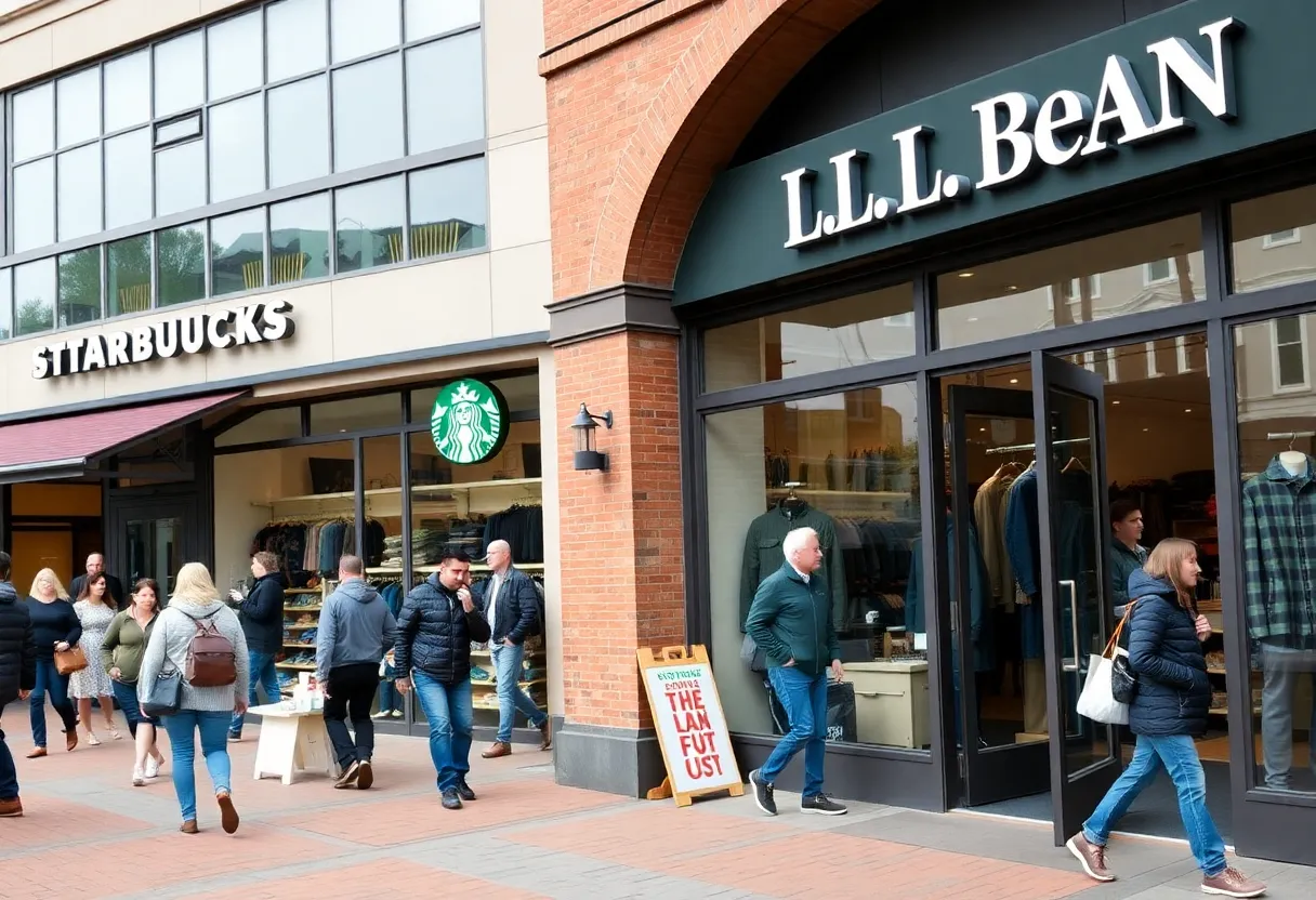 Retail scene in Massachusetts with Starbucks and L.L. Bean storefronts