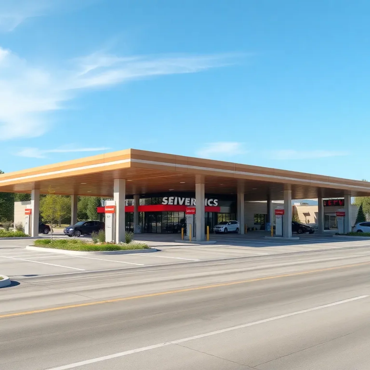 Rendering of a modern service plaza with enhanced features.