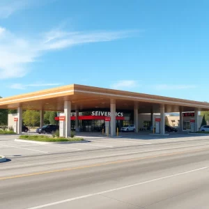 Rendering of a modern service plaza with enhanced features.